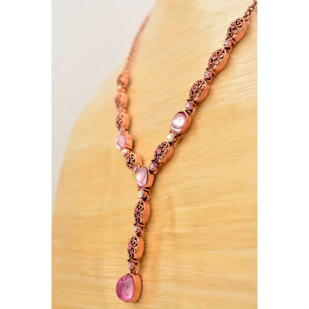 Avon Vintage Cabochon Necklace Pink Crystal Collar Rose Gold Signed 1980s Bin4A